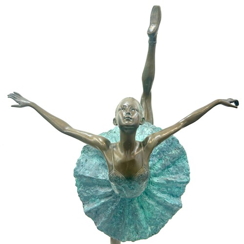 277 - A large bronze sculpture of a ballerina with verdigris colouring, signed Milo, marble base, overall ... 