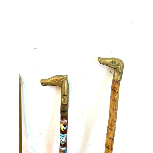 115 - Selection of vintage wooden walking sticks with brass handles includes duck, horse, dog etc