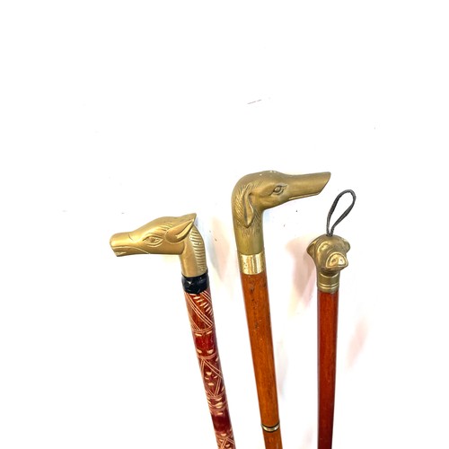 107 - Selection of vintage wooden walking sticks with brass handles includes dogs, horse and duck