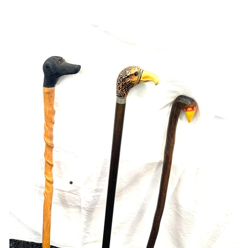 146 - Selection of 3 vintage wooden walking sticks, with animal feature handles, duck, dog, eagle