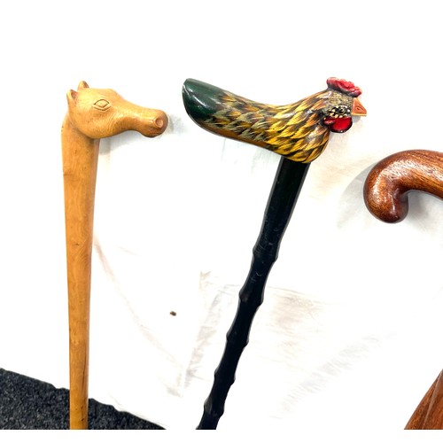 143 - Selection of 3 vintage wooden walking sticks, with animal feature handles, Cockerel, giraffe, fox