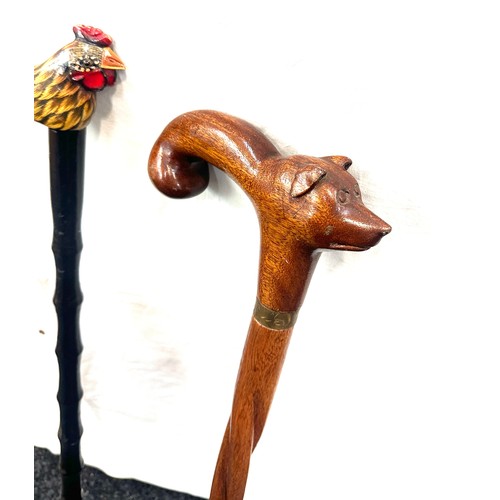 143 - Selection of 3 vintage wooden walking sticks, with animal feature handles, Cockerel, giraffe, fox