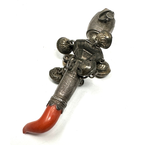 32 - Antique georgian silver & coral babies rattle & whistle measures approx 13cm long