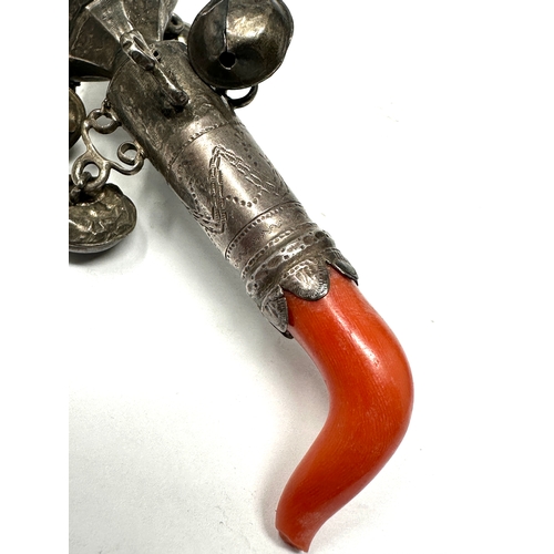 32 - Antique georgian silver & coral babies rattle & whistle measures approx 13cm long