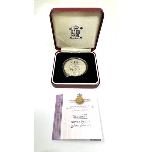 501 - Boxed Silver proof alderney five pounds boxed & c.o.a