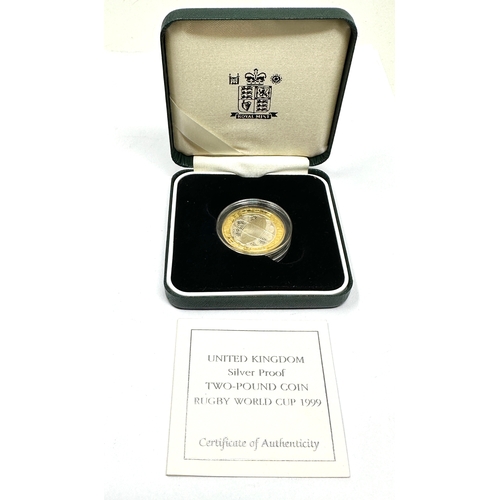 503 - 1999 Royal Mint Rugby World Cup Silver Proof Two Pounds £2 coin COA Boxed