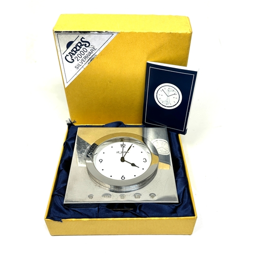 54 - Boxed Carrs 2000 Millennium Sterling Silver Desk Easel Clock By Carrs Of Sheffield with booklet the ... 