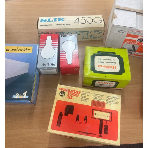 103 - Selection of photography related electricals includes Slide viewer, lamps, slik, all untested