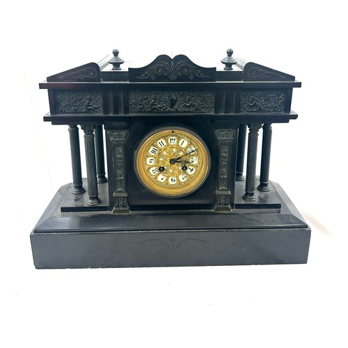 75 - 2 key hole slate mantle clock 18 inches wide 13 inches tall 5.5 inches depth, untested