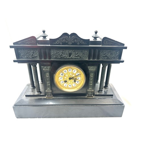 75 - 2 key hole slate mantle clock 18 inches wide 13 inches tall 5.5 inches depth, untested