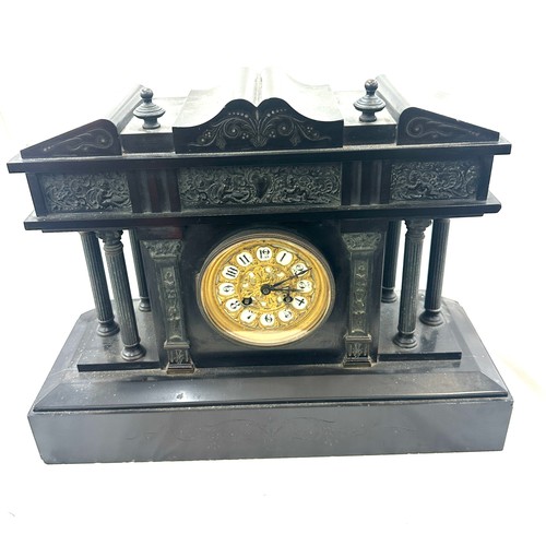 75 - 2 key hole slate mantle clock 18 inches wide 13 inches tall 5.5 inches depth, untested