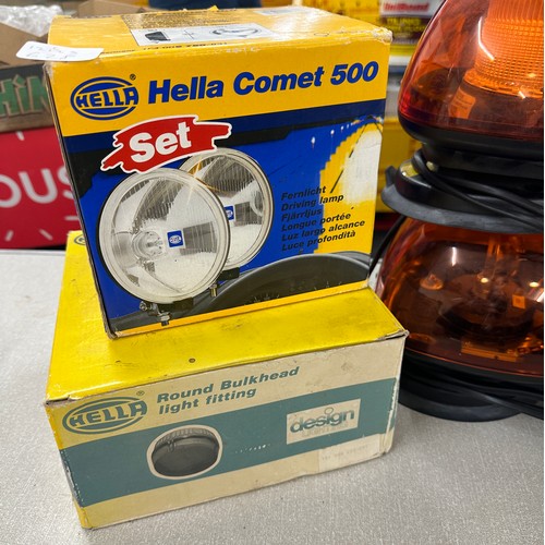 295 - Boxed Hella Comet 500 driving lamp, Hella round bulkhead light fitting, 2 x Britax orange beacons, a... 