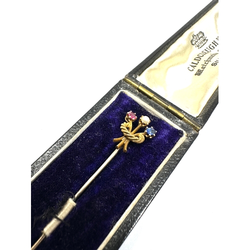 120 - Antique Boxed 15ct gold sapphire ruby & pearl set stick pin original boxed