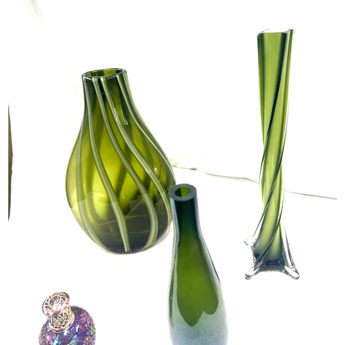 50A - Selection green glass art vases, tallest measures approximately 16 inches,  Purple cracked glass det... 