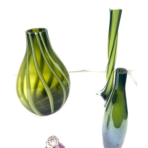 50A - Selection green glass art vases, tallest measures approximately 16 inches,  Purple cracked glass det... 
