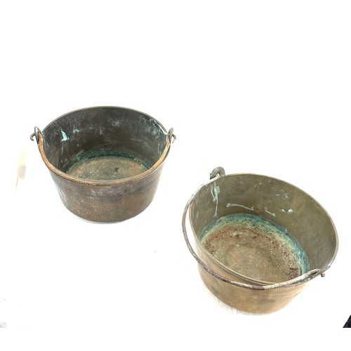 19 - 2 Large brass jam pans, largest measures approximately 12 inches in diameter, 7 inches tall