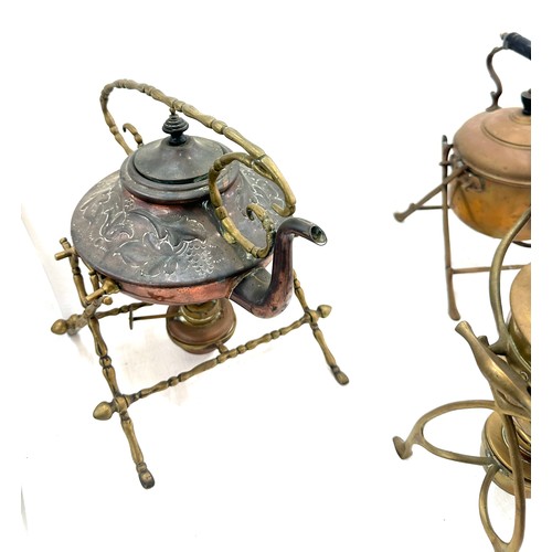 197 - 3 Vintage copper and brass small kettles on stands, 2 with burners, tallest measures: 11 x 8 inches