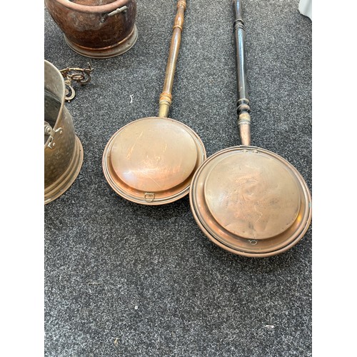 177 - Selection of brassware to include warming pans, coal buckets, jardiniere, piano stick etc