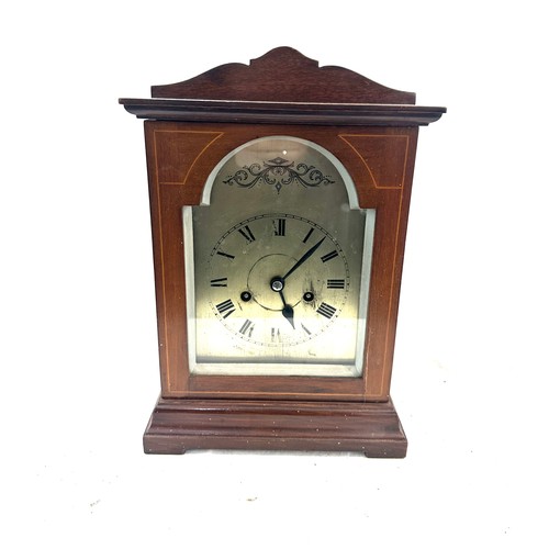 71 - Mahogany inlaid Edwardian bracket clock with pendulum and key, untested, Height 12 inches, Width 9.5... 