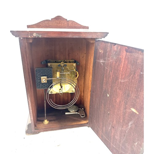 71 - Mahogany inlaid Edwardian bracket clock with pendulum and key, untested, Height 12 inches, Width 9.5... 