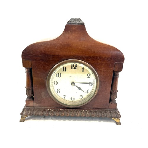 81 - Small ornate mahogany mantel clock with carved pillars, untested, approximate measurements: Height 9... 