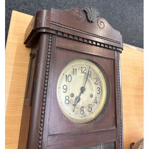 53 - 2 Keyhole mahogany wall clock with pendulum and clock, untested Height 28 inches, Width 13 inches, D... 
