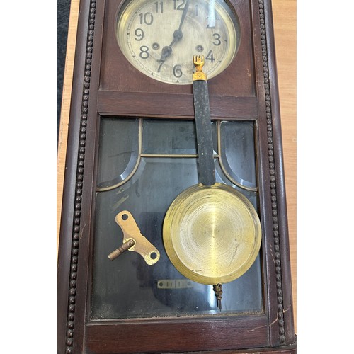 53 - 2 Keyhole mahogany wall clock with pendulum and clock, untested Height 28 inches, Width 13 inches, D... 