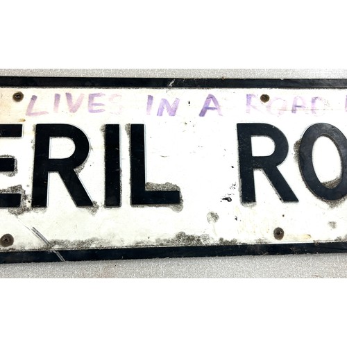 109 - Vintage metal street sign Peveril Road measures approx 39 inches long by 9 inches tall