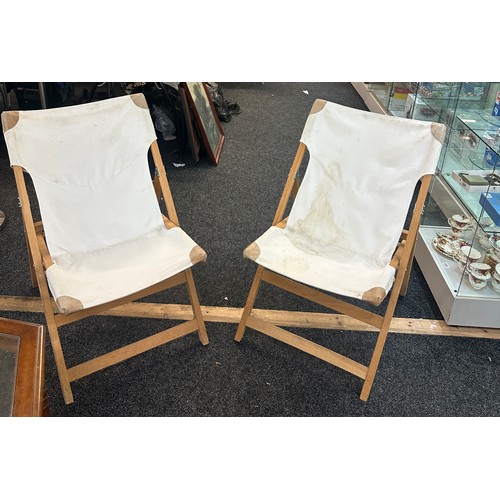 267 - Pair fabric folding Ikea beech lounge chairs