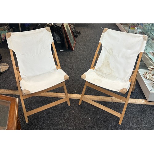 267 - Pair fabric folding Ikea beech lounge chairs