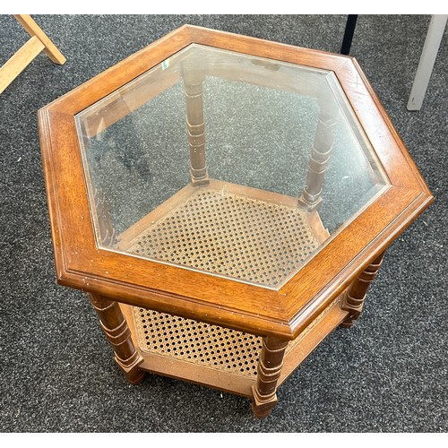 259 - Octagonal glass top Bergere coffee table, approximate measurements: Height 21 inches, Width 23 inche... 