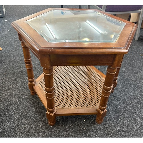 259 - Octagonal glass top Bergere coffee table, approximate measurements: Height 21 inches, Width 23 inche... 