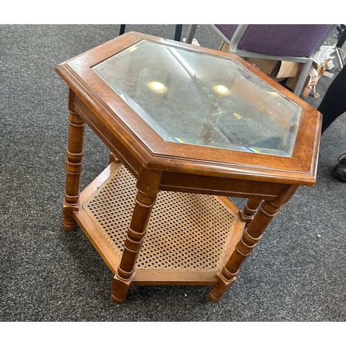 259 - Octagonal glass top Bergere coffee table, approximate measurements: Height 21 inches, Width 23 inche... 