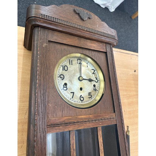 79 - 3 Key hole Westminister chime wall clock, with key and pendulum, untested 34 inches long