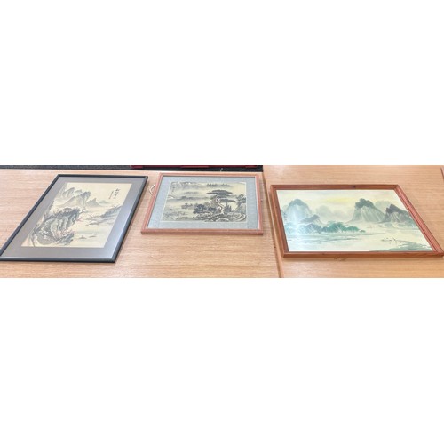 32 - Selection of 3 framed oriental prints largest measures approximately 23 inches wide 17 inches tall
