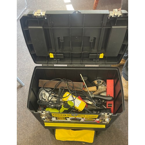 218 - Stanley 3 tier portable tool box on wheels and contents  and 1 other plastic  tool box
