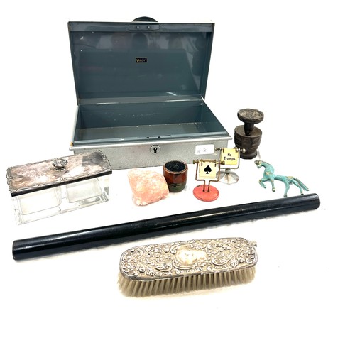 418 - Selection of collectable items includes silver topped brush, quartz stone etc