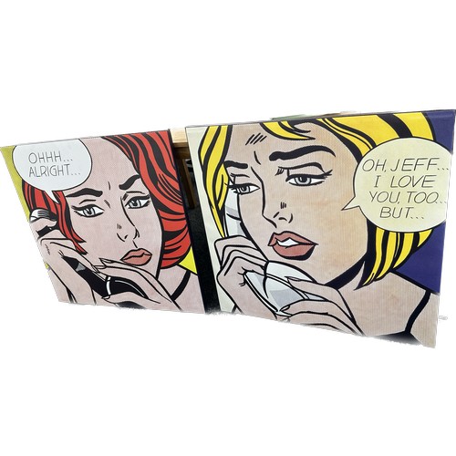 126 - 2 Large Roy Lichtenstein canvas retro pop art prints measures approximately 32 inches square