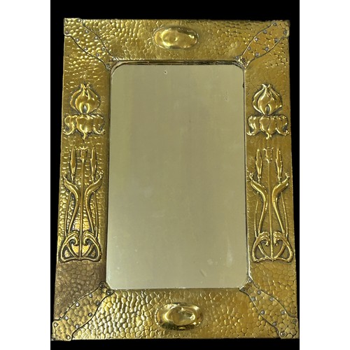 479 - Arts and Crafts hammered brass wall mirror, approximate measurements: Height 52cm, Width 37cm, RD nu... 