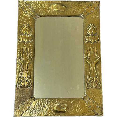 479 - Arts and Crafts hammered brass wall mirror, approximate measurements: Height 52cm, Width 37cm, RD nu... 