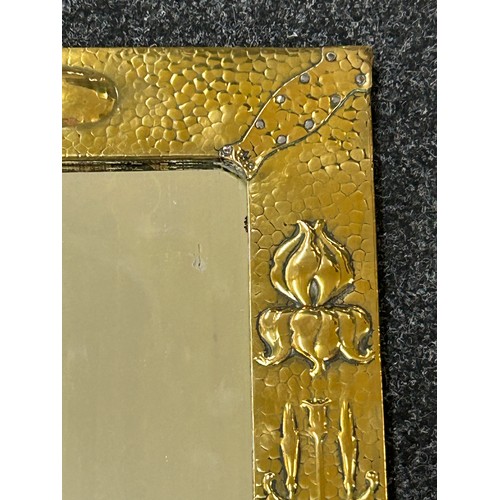 479 - Arts and Crafts hammered brass wall mirror, approximate measurements: Height 52cm, Width 37cm, RD nu... 