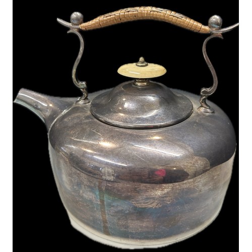 305 - Antique silver plated spirit kettle with stand and burner,  reed detailing to handle of kettle and s... 