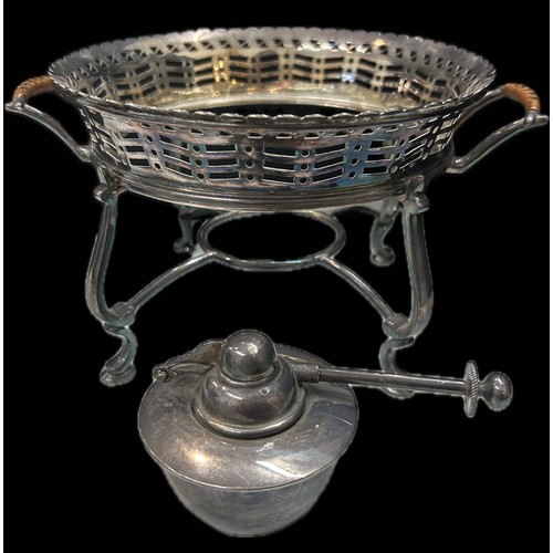 305 - Antique silver plated spirit kettle with stand and burner,  reed detailing to handle of kettle and s... 