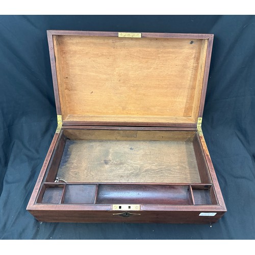 107 - Vintage wooden writing slope, brass inlaid pencil case, and cased weights