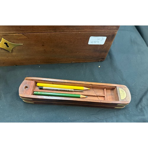 107 - Vintage wooden writing slope, brass inlaid pencil case, and cased weights