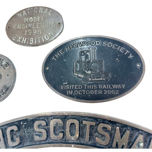 331 - Selection of small train / train station signs to include the Flying Scotsman, Heywood society, mode... 