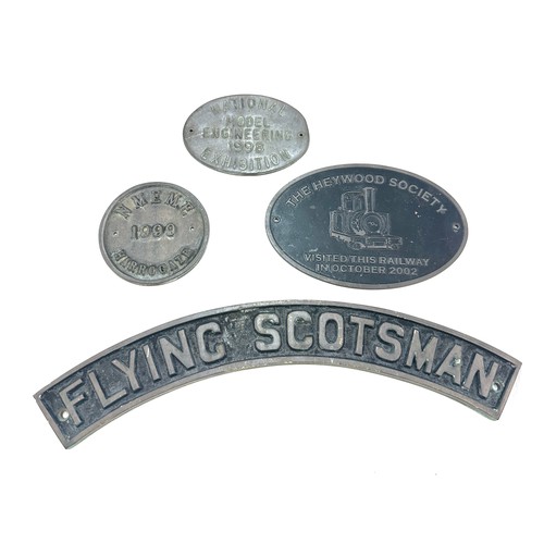 331 - Selection of small train / train station signs to include the Flying Scotsman, Heywood society, mode... 