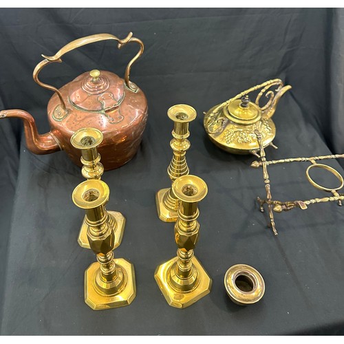 66 - Selection of brass and copper ware includes kettle on stand etc