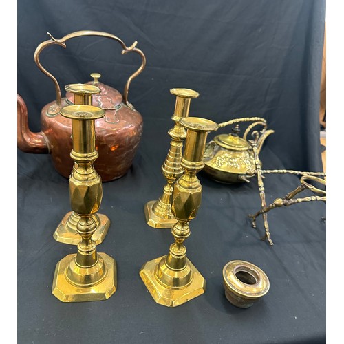 66 - Selection of brass and copper ware includes kettle on stand etc