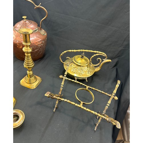 66 - Selection of brass and copper ware includes kettle on stand etc